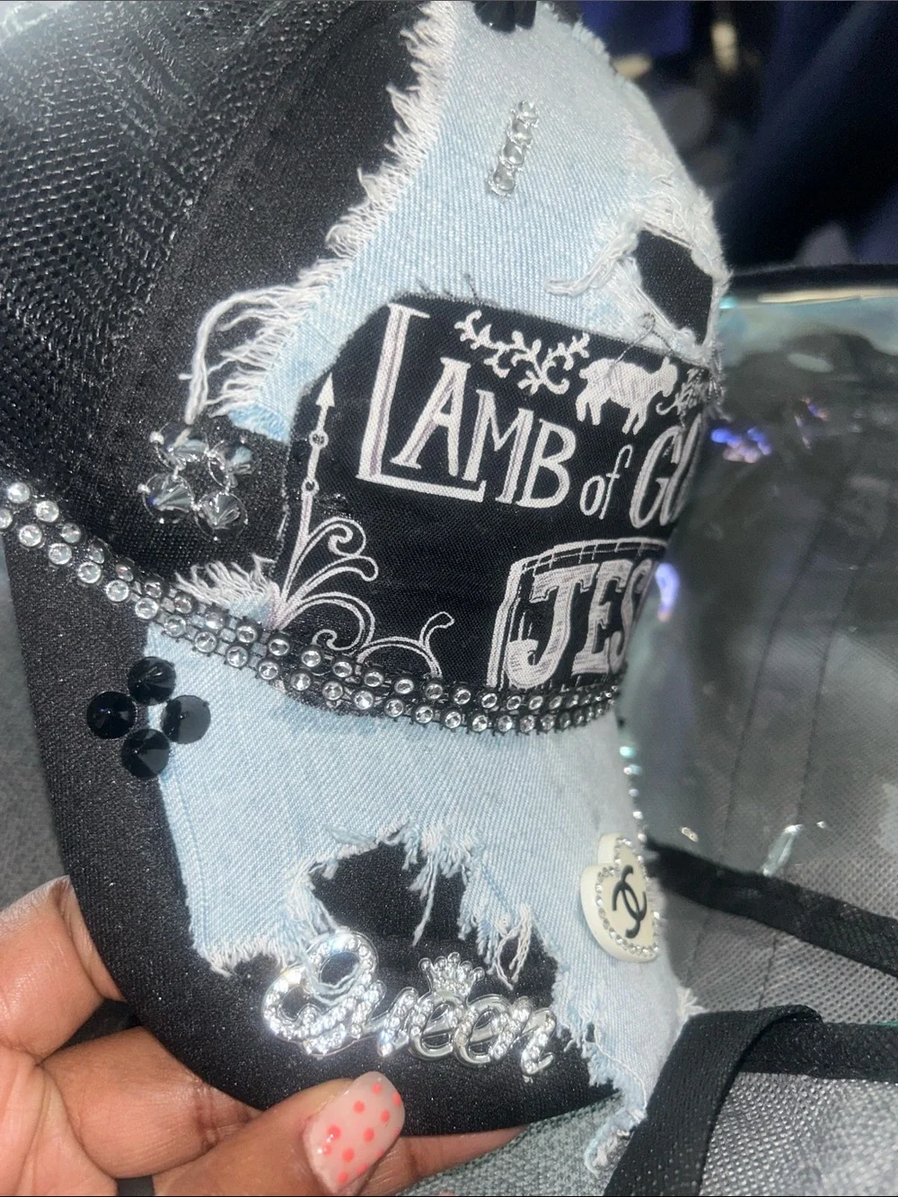 Lamb of God Jesus Denim Patch Baseball Cap - Light Blue & Black